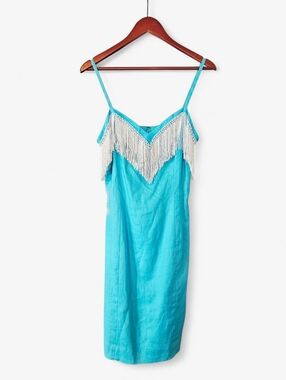 Vintage Pia Rucci 1980’s Blue Linen Beaded Fringe Party Cocktail Mini Dress 8